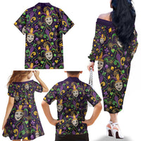 Mardi Gras Carnival Night Family Matching Off The Shoulder Long Sleeve Dress and Hawaiian Shirt Jester Mask Fantasy