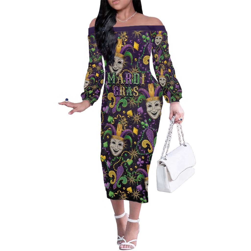 Mardi Gras Carnival Night Family Matching Off The Shoulder Long Sleeve Dress and Hawaiian Shirt Jester Mask Fantasy