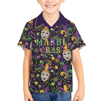 Mardi Gras Carnival Night Family Matching Off The Shoulder Long Sleeve Dress and Hawaiian Shirt Jester Mask Fantasy