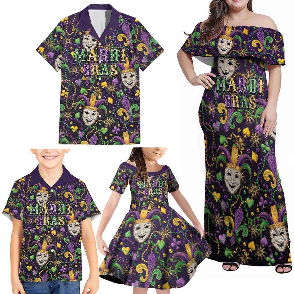 Mardi Gras Carnival Night Family Matching Off Shoulder Maxi Dress and Hawaiian Shirt Jester Mask Fantasy