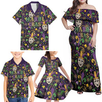 Mardi Gras Carnival Night Family Matching Off Shoulder Maxi Dress and Hawaiian Shirt Jester Mask Fantasy