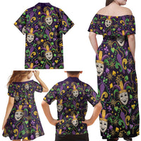 Mardi Gras Carnival Night Family Matching Off Shoulder Maxi Dress and Hawaiian Shirt Jester Mask Fantasy