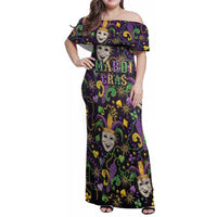 Mardi Gras Carnival Night Family Matching Off Shoulder Maxi Dress and Hawaiian Shirt Jester Mask Fantasy