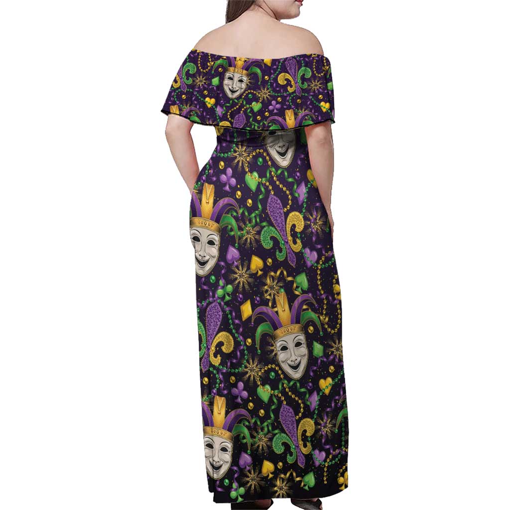 Mardi Gras Carnival Night Family Matching Off Shoulder Maxi Dress and Hawaiian Shirt Jester Mask Fantasy