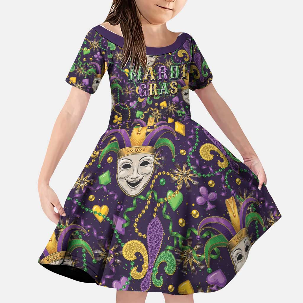 Mardi Gras Carnival Night Family Matching Off Shoulder Short Dress and Hawaiian Shirt Jester Mask Fantasy