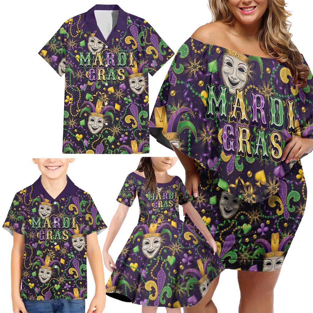 Mardi Gras Carnival Night Family Matching Off Shoulder Short Dress and Hawaiian Shirt Jester Mask Fantasy