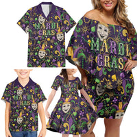 Mardi Gras Carnival Night Family Matching Off Shoulder Short Dress and Hawaiian Shirt Jester Mask Fantasy