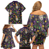 Mardi Gras Carnival Night Family Matching Off Shoulder Short Dress and Hawaiian Shirt Jester Mask Fantasy