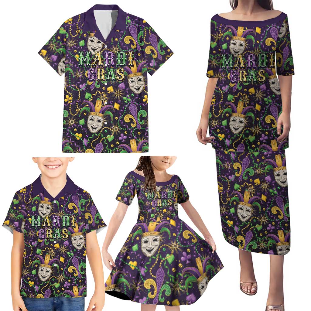 Mardi Gras Carnival Night Family Matching Puletasi and Hawaiian Shirt Jester Mask Fantasy