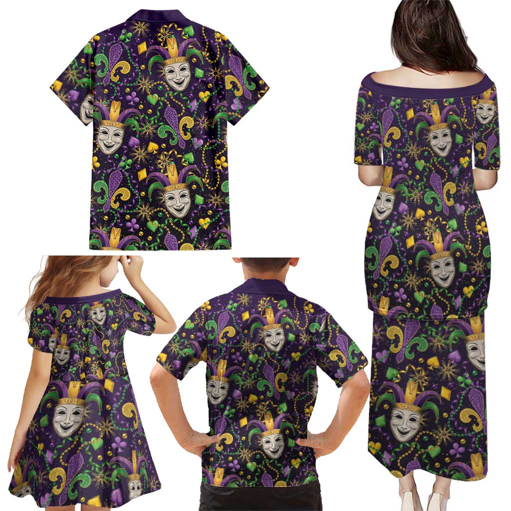 Mardi Gras Carnival Night Family Matching Puletasi and Hawaiian Shirt Jester Mask Fantasy