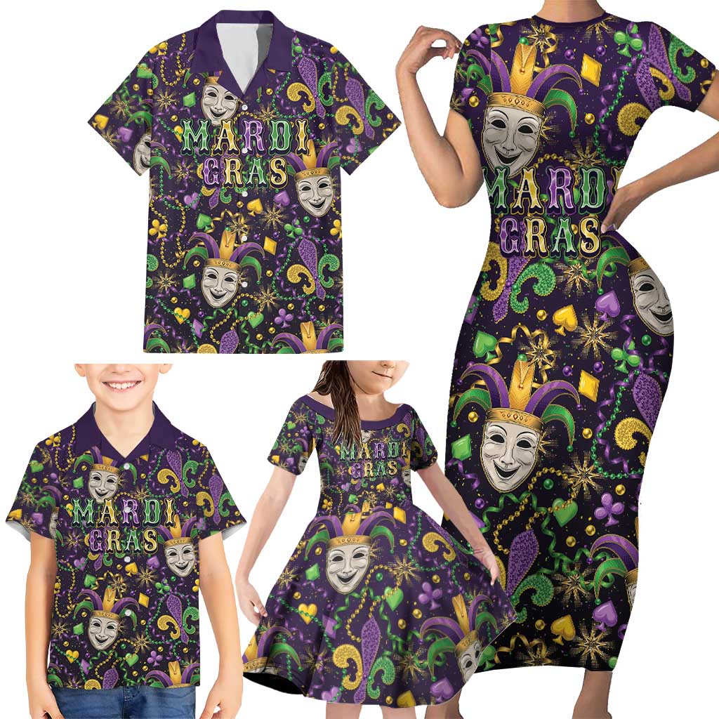Mardi Gras Carnival Night Family Matching Short Sleeve Bodycon Dress and Hawaiian Shirt Jester Mask Fantasy