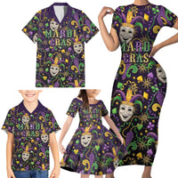 Mardi Gras Carnival Night Family Matching Short Sleeve Bodycon Dress and Hawaiian Shirt Jester Mask Fantasy