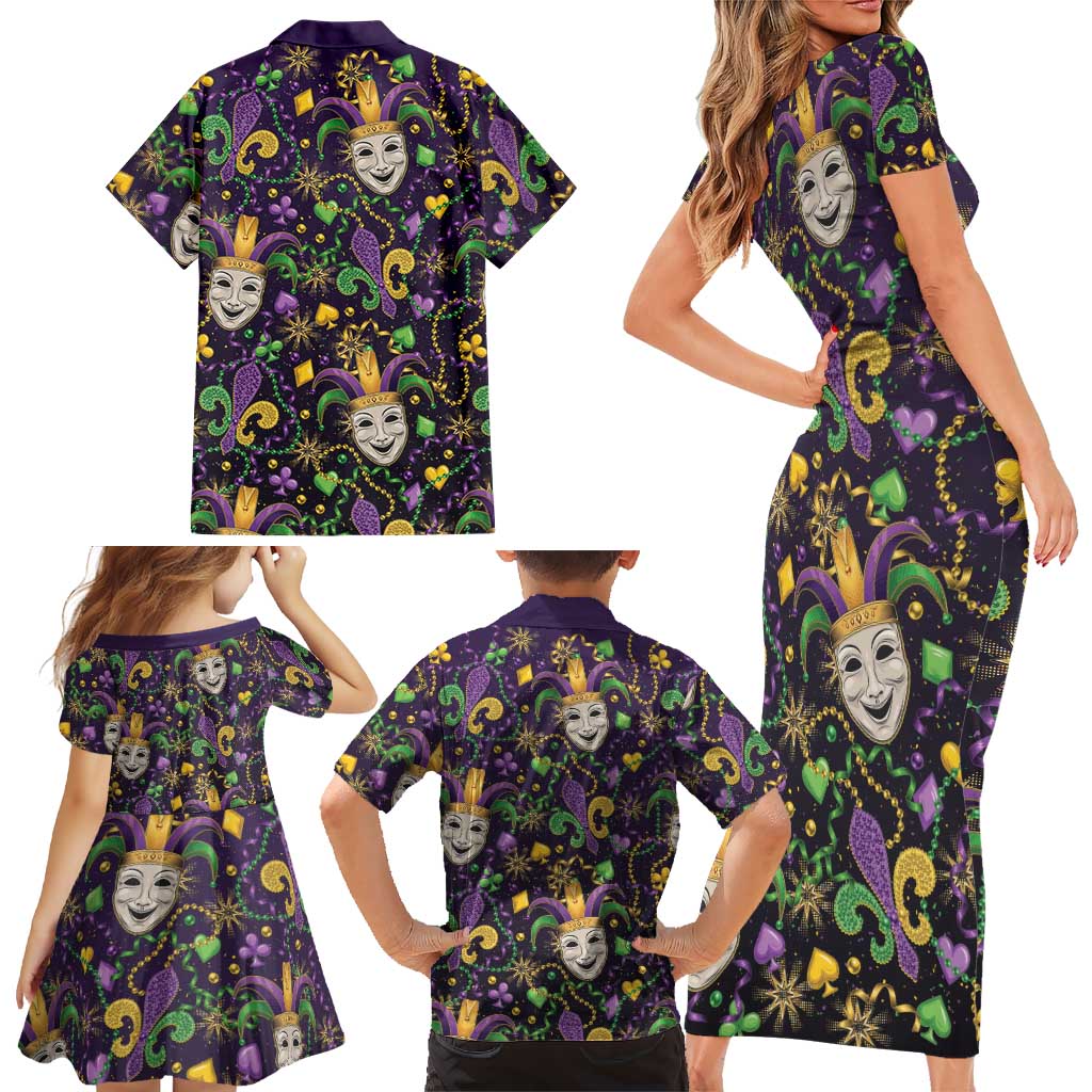 Mardi Gras Carnival Night Family Matching Short Sleeve Bodycon Dress and Hawaiian Shirt Jester Mask Fantasy