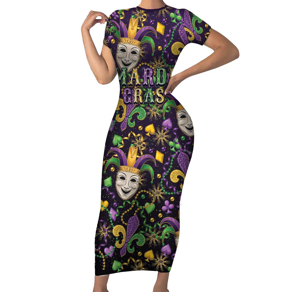 Mardi Gras Carnival Night Family Matching Short Sleeve Bodycon Dress and Hawaiian Shirt Jester Mask Fantasy