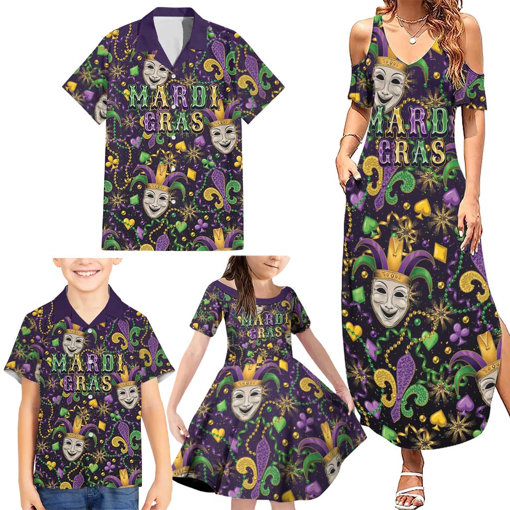 Mardi Gras Carnival Night Family Matching Summer Maxi Dress and Hawaiian Shirt Jester Mask Fantasy