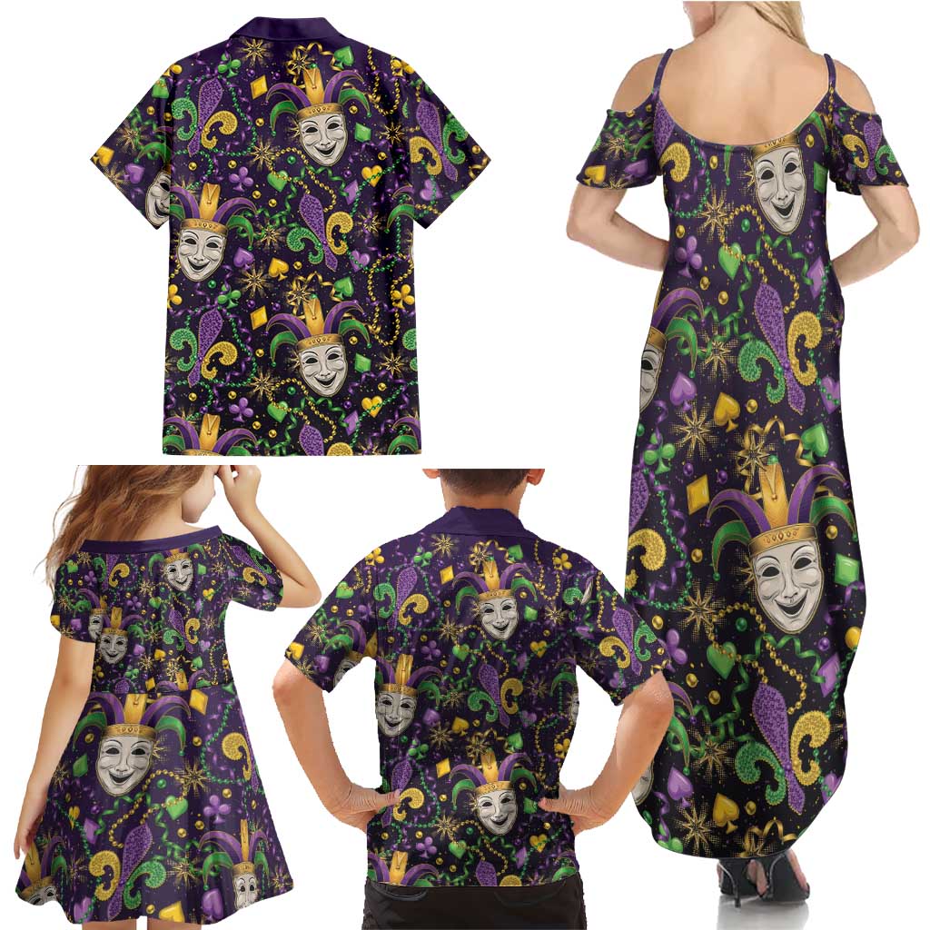 Mardi Gras Carnival Night Family Matching Summer Maxi Dress and Hawaiian Shirt Jester Mask Fantasy