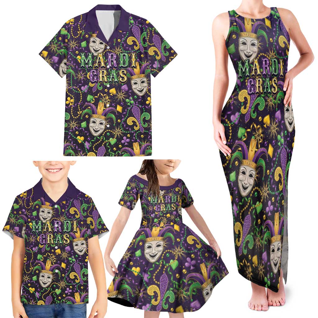 Mardi Gras Carnival Night Family Matching Tank Maxi Dress and Hawaiian Shirt Jester Mask Fantasy