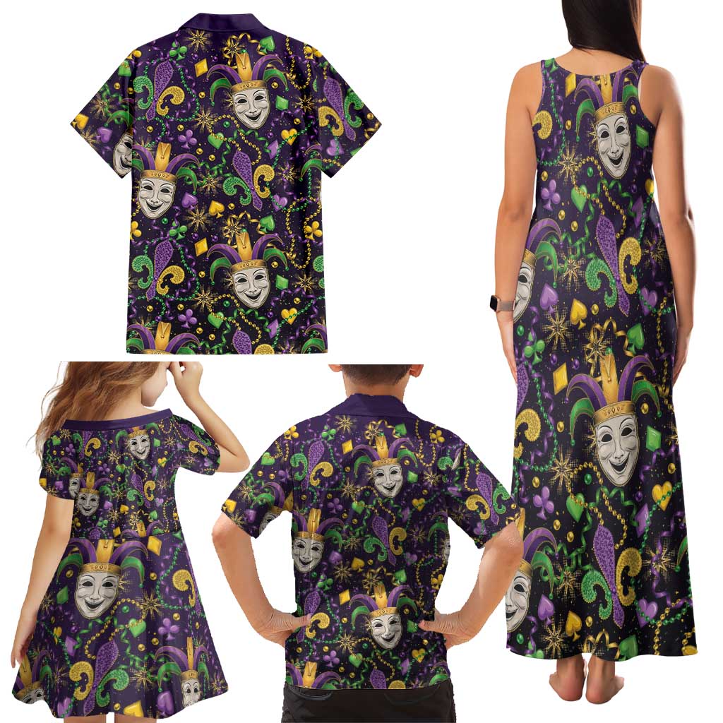 Mardi Gras Carnival Night Family Matching Tank Maxi Dress and Hawaiian Shirt Jester Mask Fantasy