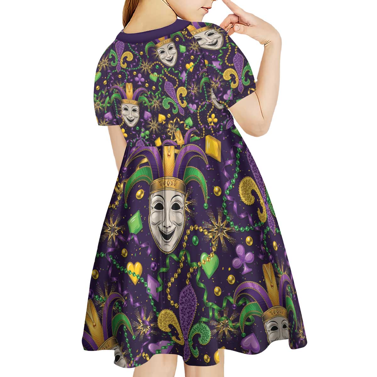 Mardi Gras Carnival Night Kid Short Sleeve Dress Jester Mask Fantasy