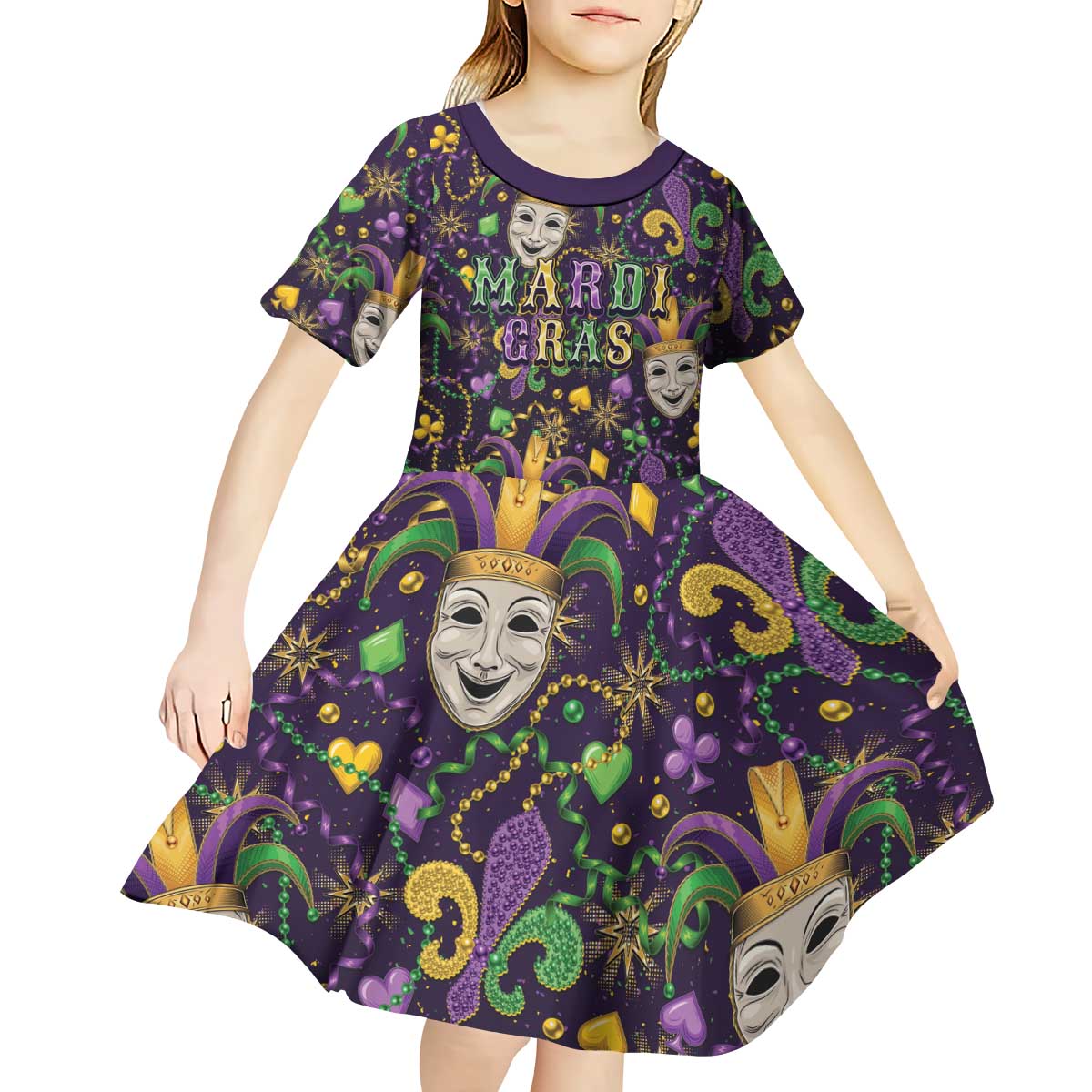 Mardi Gras Carnival Night Kid Short Sleeve Dress Jester Mask Fantasy
