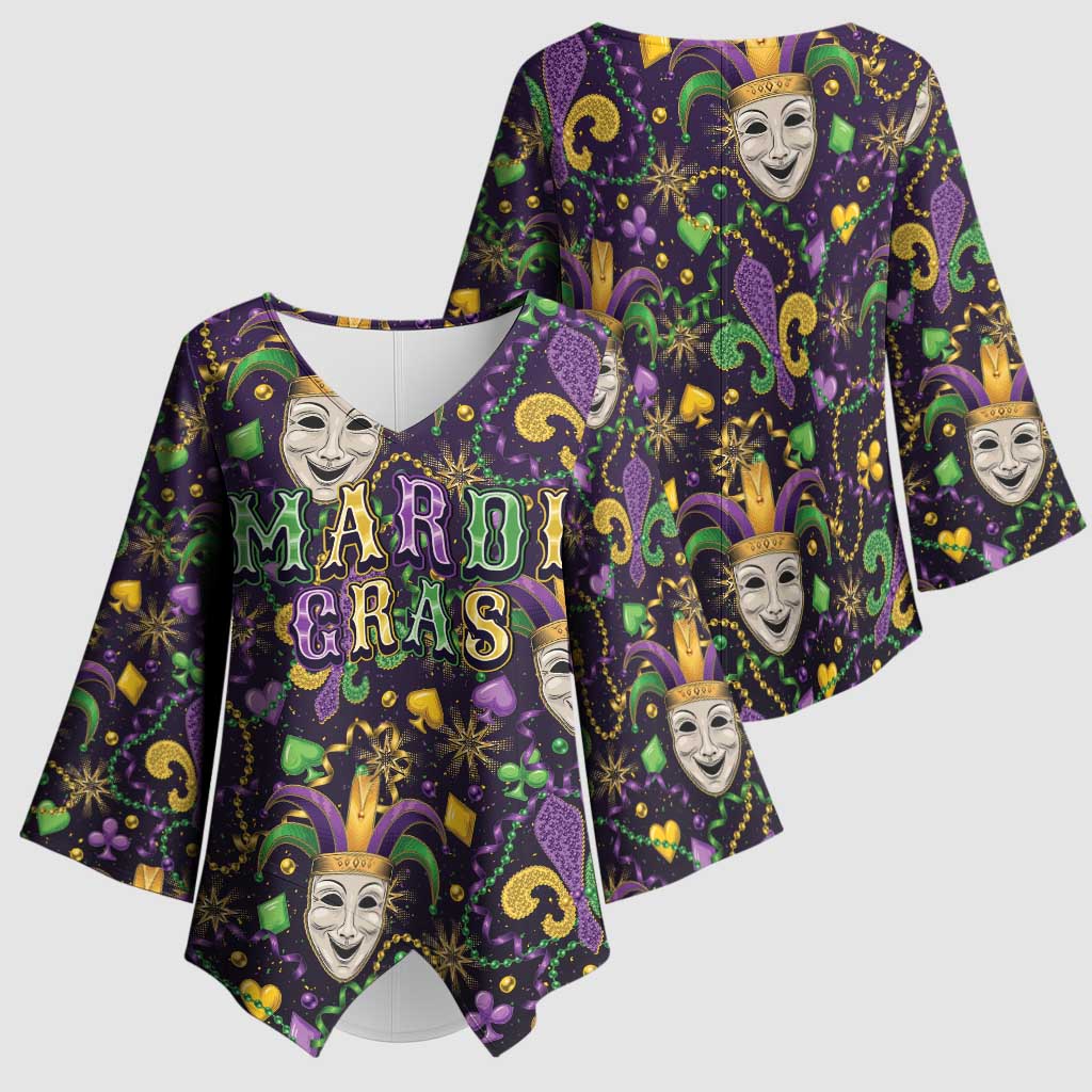 Mardi Gras Carnival Night Kimono Sleeve Blouse Jester Mask Fantasy