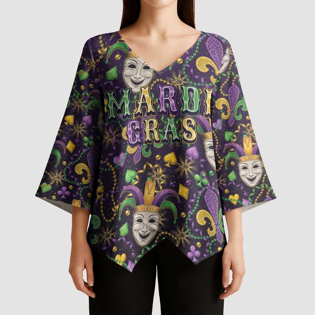 Mardi Gras Carnival Night Kimono Sleeve Blouse Jester Mask Fantasy