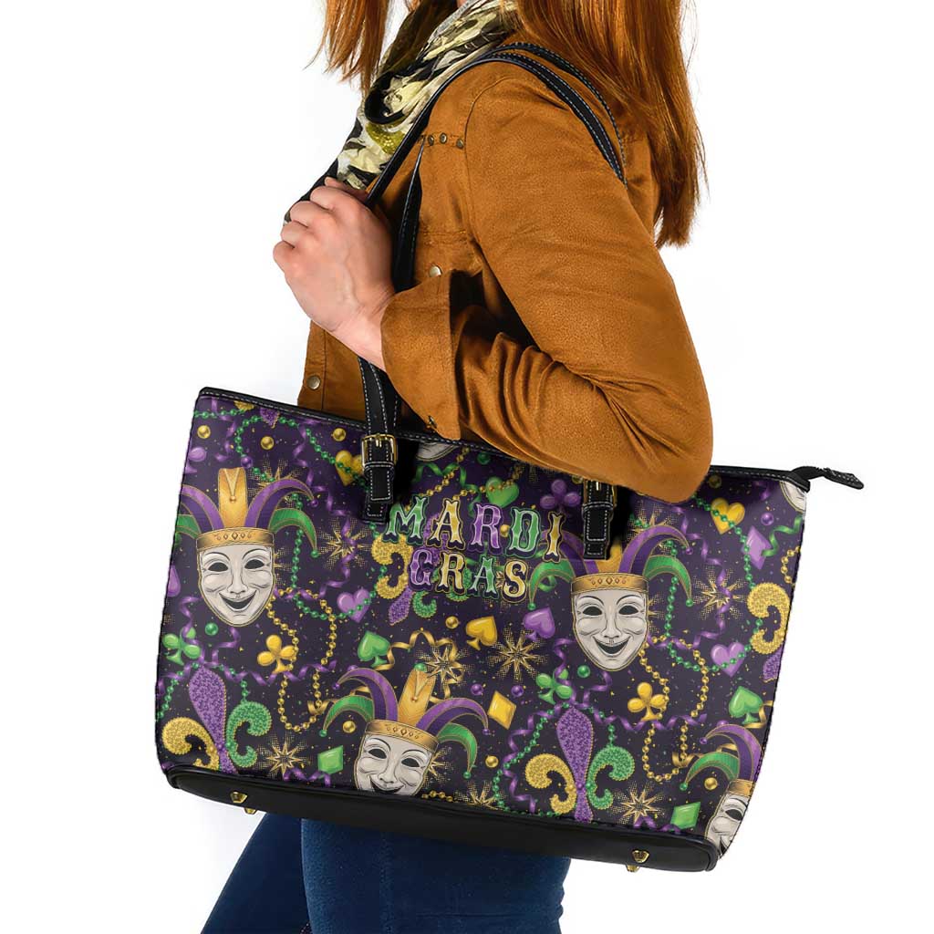 Mardi Gras Carnival Night Leather Tote Bag Jester Mask Fantasy