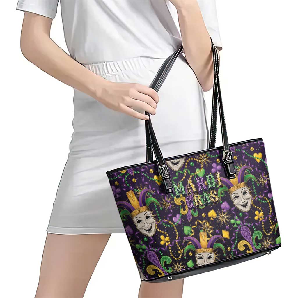 Mardi Gras Carnival Night Leather Tote Bag Jester Mask Fantasy