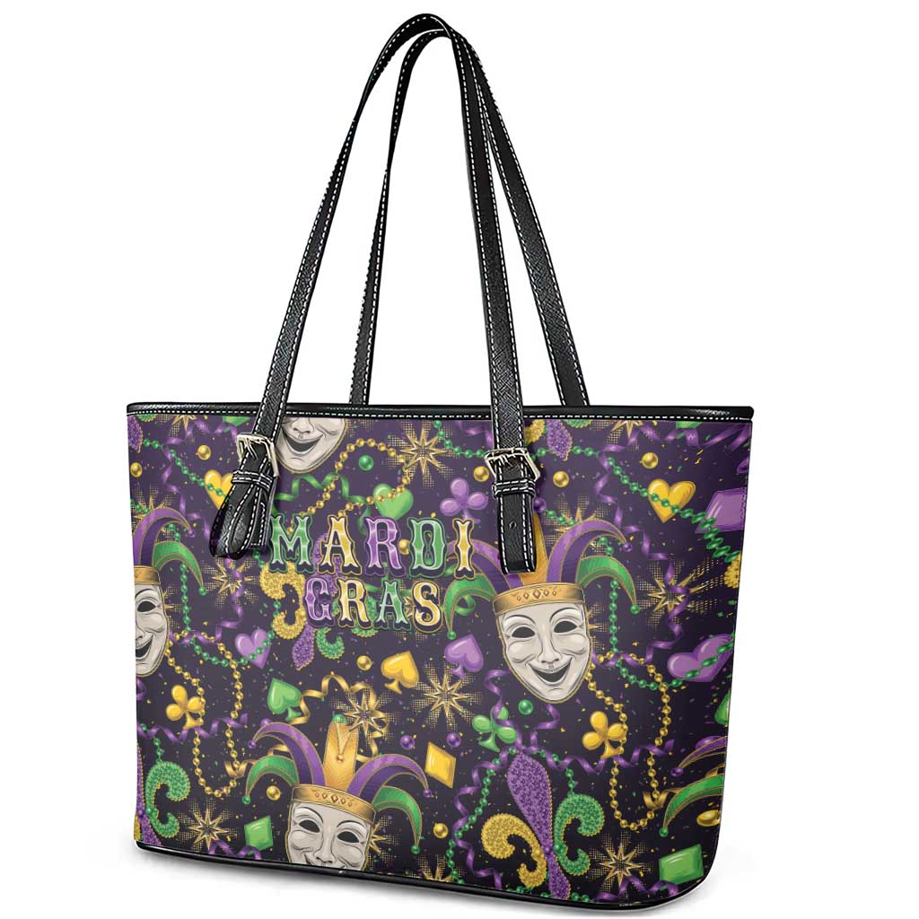 Mardi Gras Carnival Night Leather Tote Bag Jester Mask Fantasy