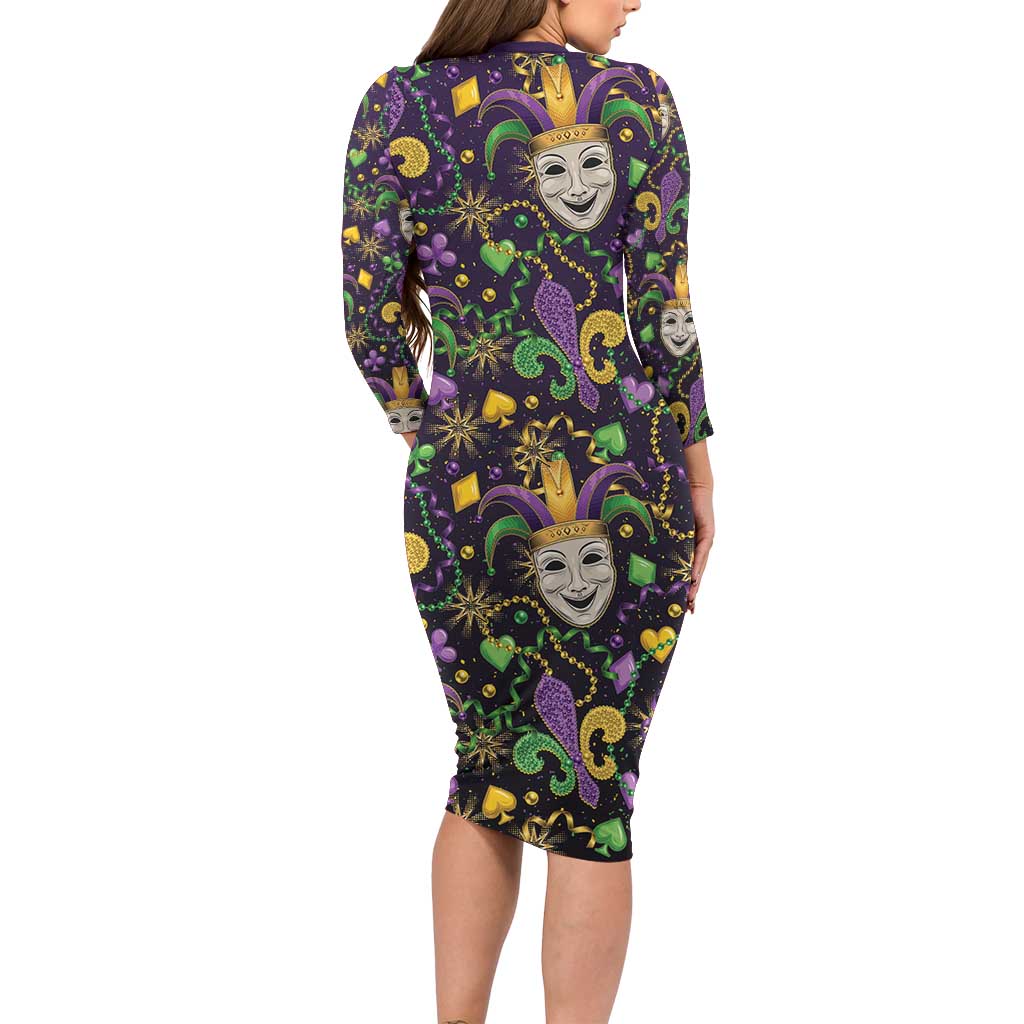 Mardi Gras Carnival Night Long Sleeve Bodycon Dress Jester Mask Fantasy