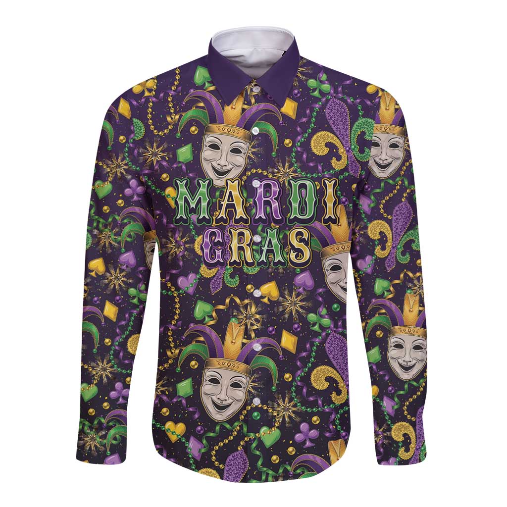 Mardi Gras Carnival Night Long Sleeve Button Shirt Jester Mask Fantasy