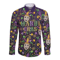 Mardi Gras Carnival Night Long Sleeve Button Shirt Jester Mask Fantasy