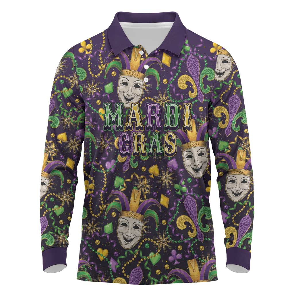 Mardi Gras Carnival Night Long Sleeve Polo Shirt Jester Mask Fantasy