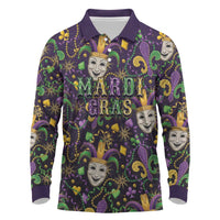 Mardi Gras Carnival Night Long Sleeve Polo Shirt Jester Mask Fantasy