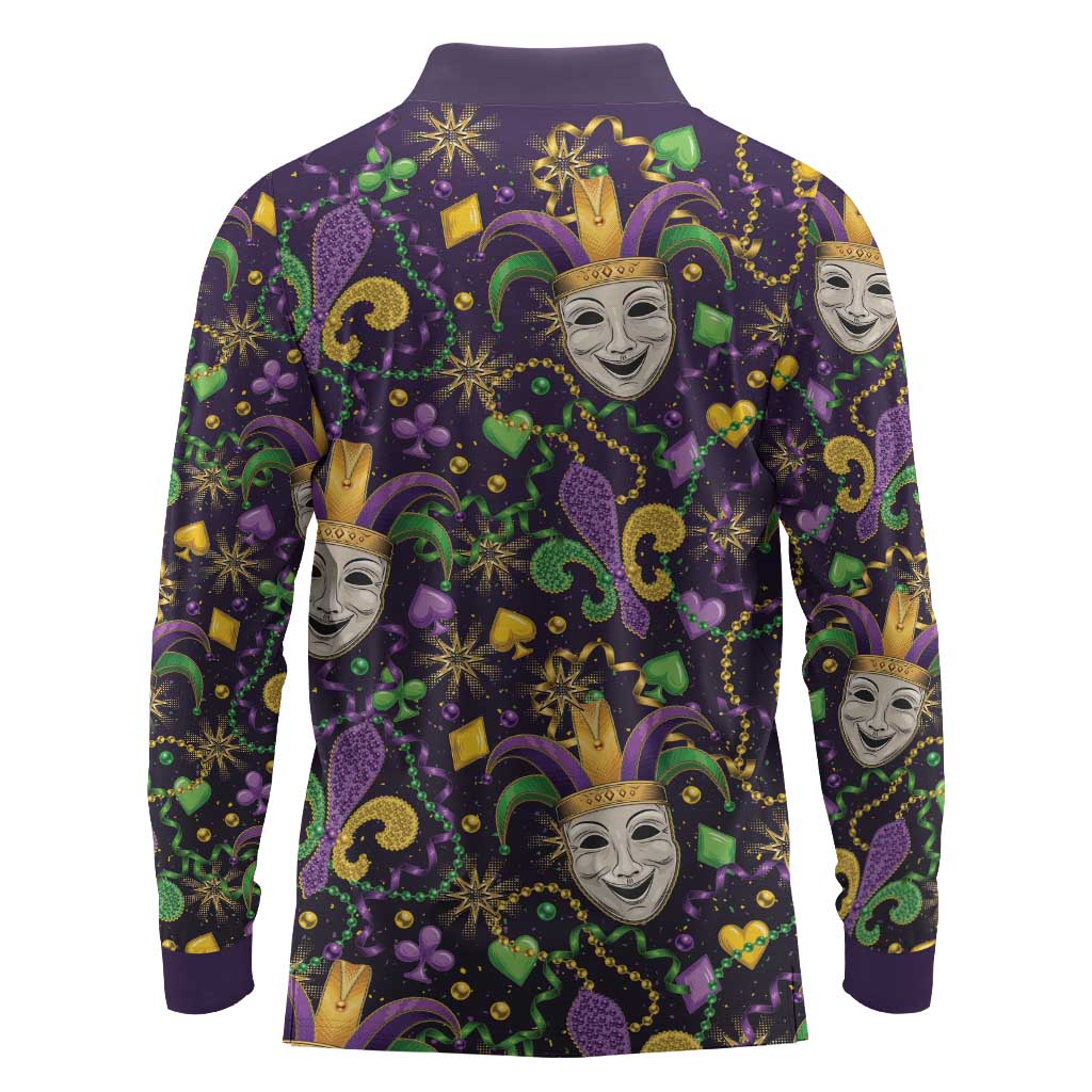 Mardi Gras Carnival Night Long Sleeve Polo Shirt Jester Mask Fantasy