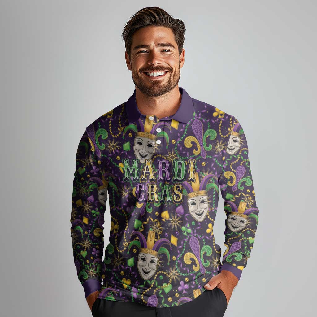 Mardi Gras Carnival Night Long Sleeve Polo Shirt Jester Mask Fantasy