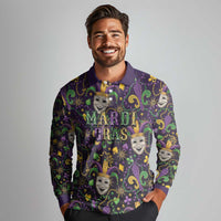 Mardi Gras Carnival Night Long Sleeve Polo Shirt Jester Mask Fantasy