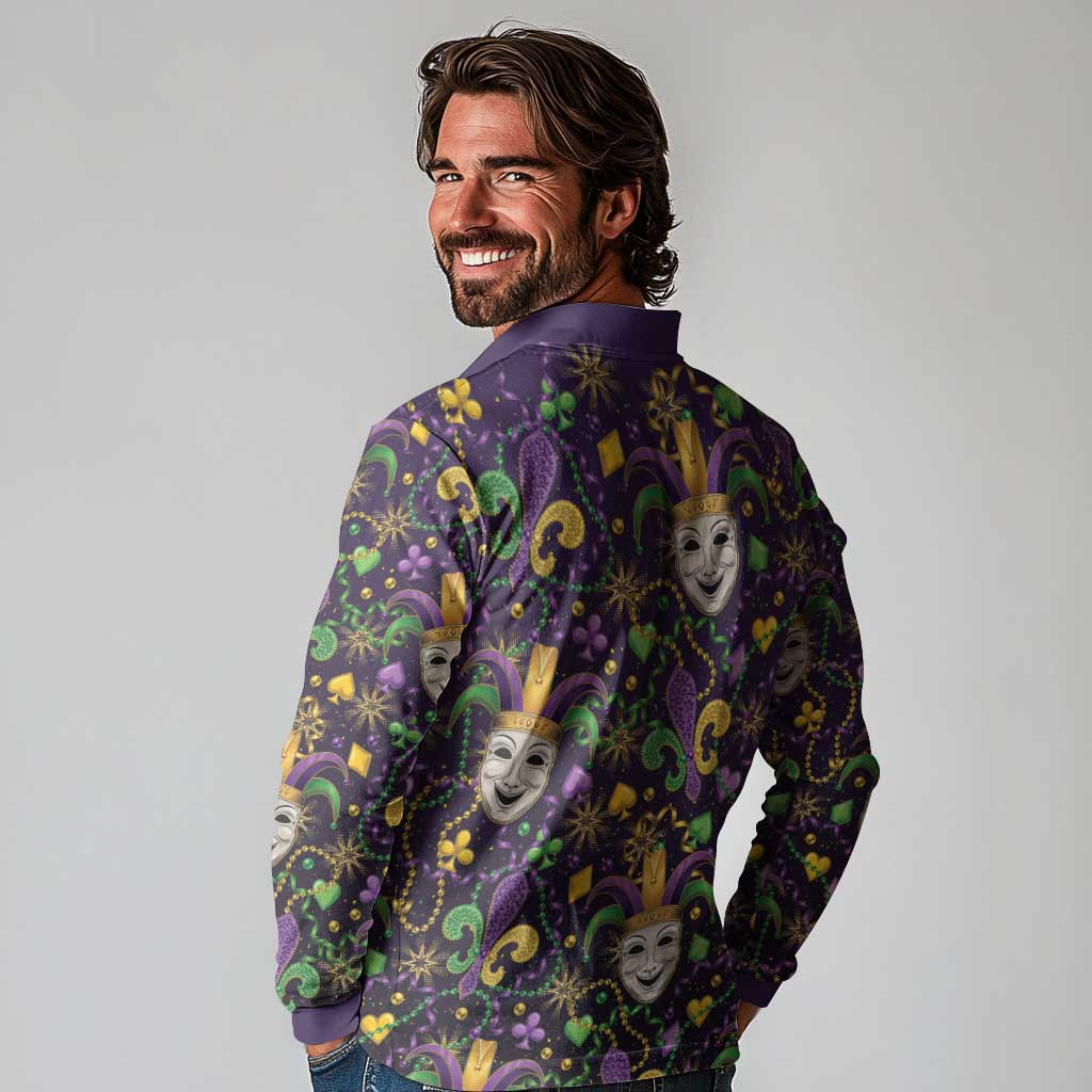 Mardi Gras Carnival Night Long Sleeve Polo Shirt Jester Mask Fantasy