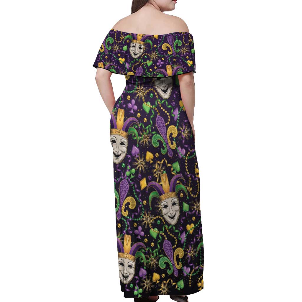 Mardi Gras Carnival Night Off Shoulder Maxi Dress Jester Mask Fantasy
