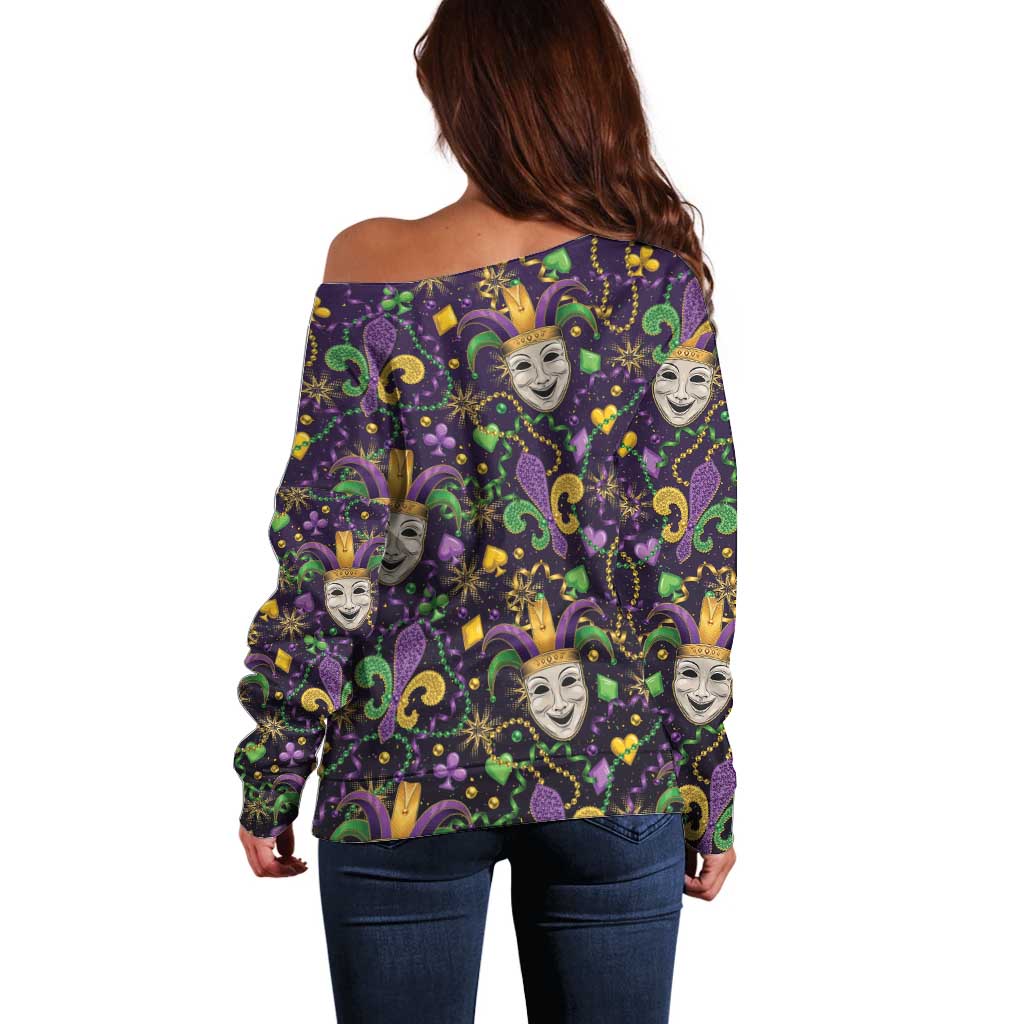 Mardi Gras Carnival Night Off Shoulder Sweater Jester Mask Fantasy