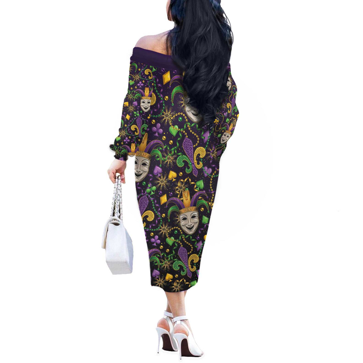 Mardi Gras Carnival Night Off The Shoulder Long Sleeve Dress Jester Mask Fantasy