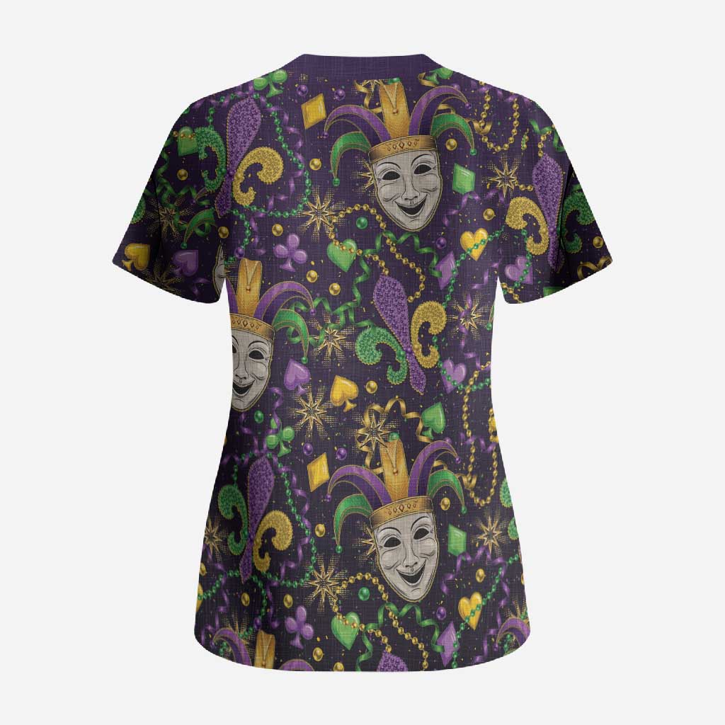 Mardi Gras Carnival Night Scrub Top Jester Mask Fantasy