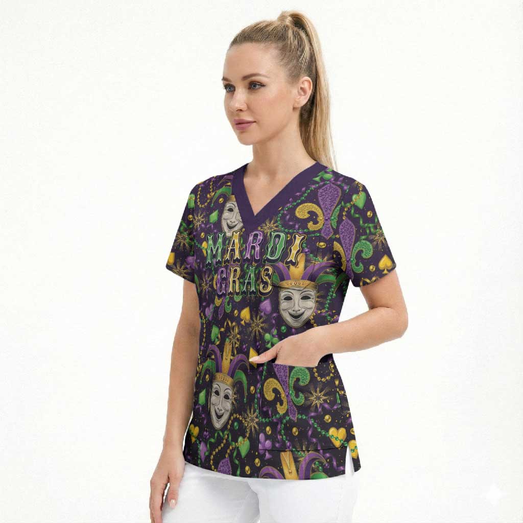 Mardi Gras Carnival Night Scrub Top Jester Mask Fantasy
