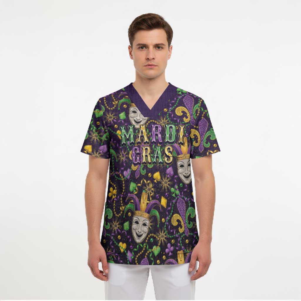 Mardi Gras Carnival Night Scrub Top Jester Mask Fantasy