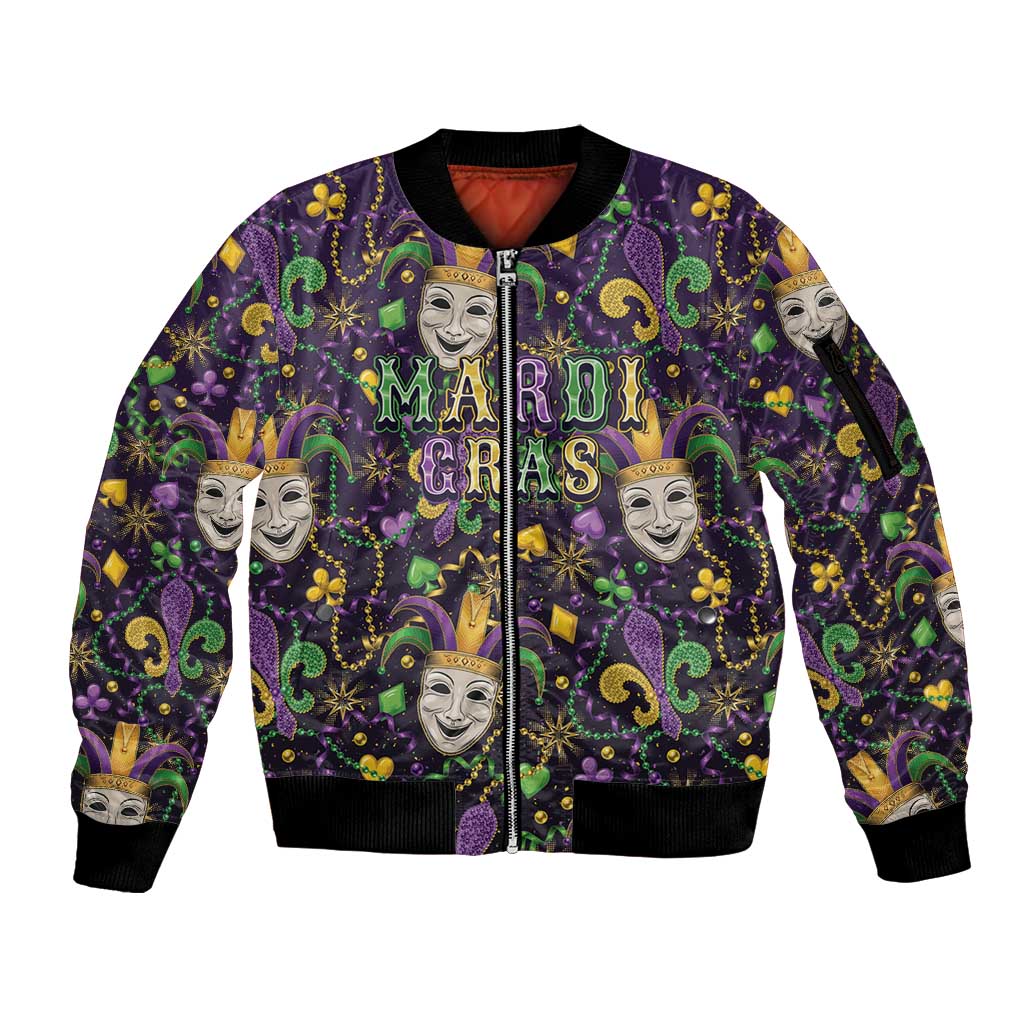 Mardi Gras Carnival Night Sleeve Zip Bomber Jacket Jester Mask Fantasy