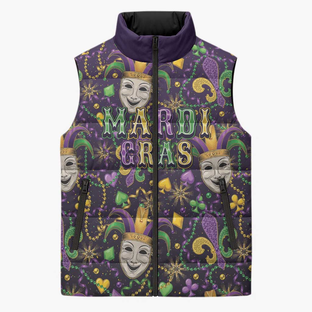 Mardi Gras Carnival Night Sleeveless Puffer Jacket Jester Mask Fantasy