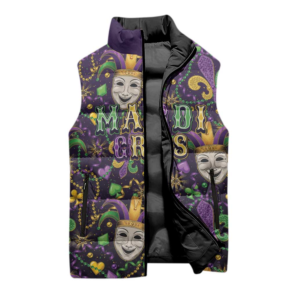Mardi Gras Carnival Night Sleeveless Puffer Jacket Jester Mask Fantasy