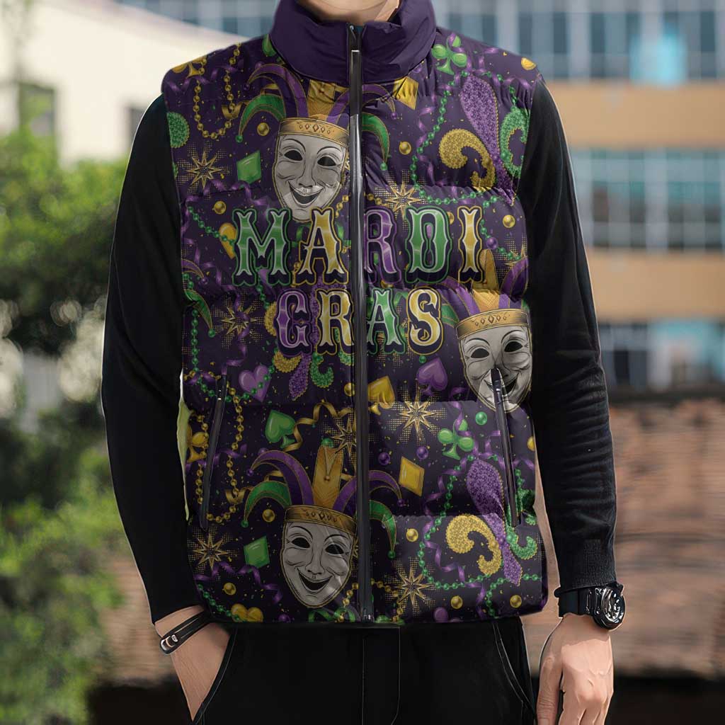 Mardi Gras Carnival Night Sleeveless Puffer Jacket Jester Mask Fantasy