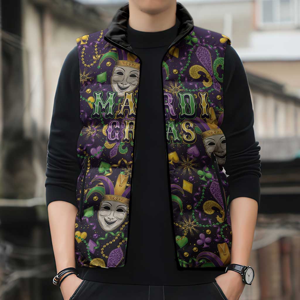 Mardi Gras Carnival Night Sleeveless Puffer Jacket Jester Mask Fantasy