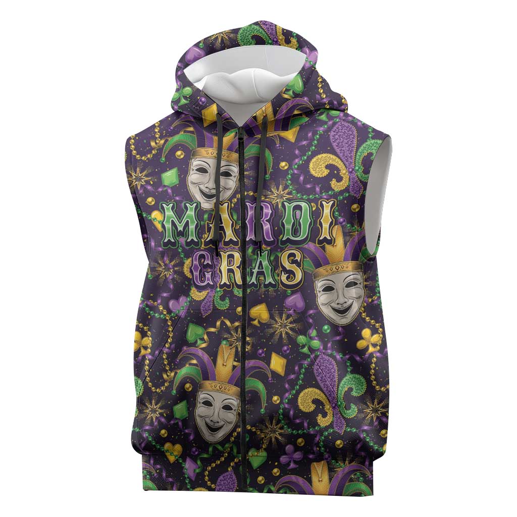 Mardi Gras Carnival Night Sleeveless Zip Hoodie Jester Mask Fantasy